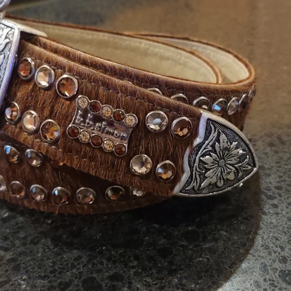 B.B. Simon | Crystal Embellished Brown Calf Hair Cowgirl Formal Western Belt